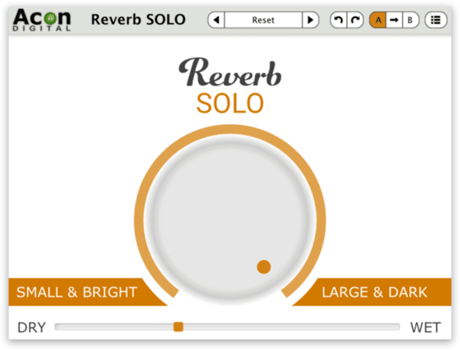 The Acon Digital Reverb SOLO plugin interface showcases a prominent central knob that includes a single orange dot. The settings range from "Small & Bright" on the left side to "Large & Dark" on the right. At the bottom of the interface, users will find a "Reset" button alongside a wet/dry mix slider for additional control.