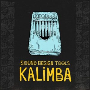 Depicted in light blue against a black background, there's an illustrated kalimba, a small African musical instrument with metal tines. Below the image, bold yellow letters spell out "Sound Design Tools Kalimba." The entire design is framed by a pattern of square spirals.