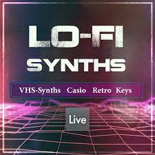 A graphic image features a neon grid in pink and purple tones, with the text "LO-FI SYNTHS" prominently displayed in white at the top. Below this, words such as "VHS-Synths," "Casio," "Retro," and "Keys" appear within purple boxes. Additionally, there is a small gray box with the word "Live" centered at the bottom.