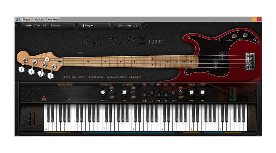 Screenshot of a virtual instrument software interface featuring a bass guitar with visible strings, tuning pegs, and fretboard on the upper half. The lower half displays a virtual keyboard with various controls, knobs, and settings for sound manipulation.