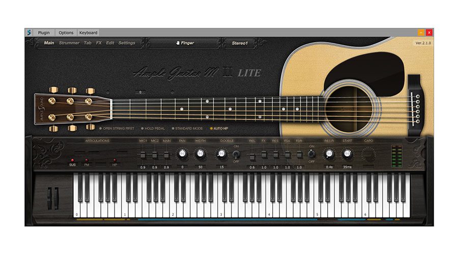 Screenshot of a music software interface displaying an Ample Guitar M Lite virtual instrument. The top features an acoustic guitar graphic, while the bottom includes a piano keyboard, various control knobs, buttons, and settings for sound manipulation and effects.