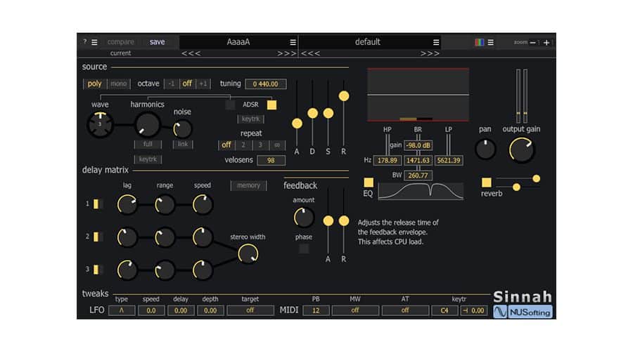 Screenshot of Sinnah's UI. It features various controls showcases sections for wave manipulation, a delay matrix, modulation tweaks, and output adjustments. Prominent features include sliders, knobs, buttons, and a visual equalizer display.