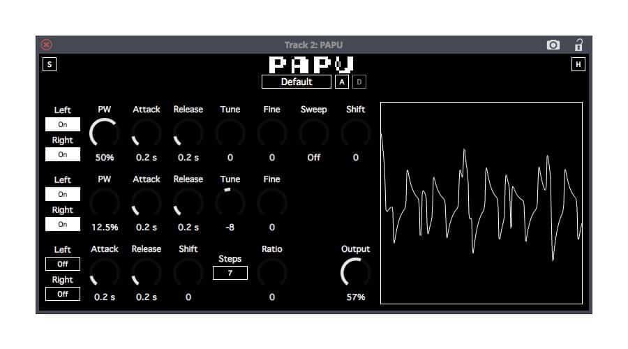 A screenshot of PAPU's UI displaying various audio modulation controls, including knobs for Pulse Width, attack, release, tune, fine, sweep, and shift. It also has left and right channel switches, a wave pattern visualization, and output levels.