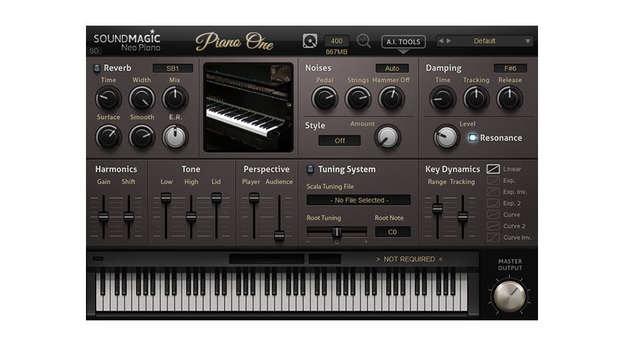 A screenshot of the Sound Magic Neo Piano plug-in interface, labeled "Piano One." The interface includes controls for reverb, noises, damping, tuning system, key dynamics, harmonics, and tone, as well as a virtual keyboard and various adjustments and presets.