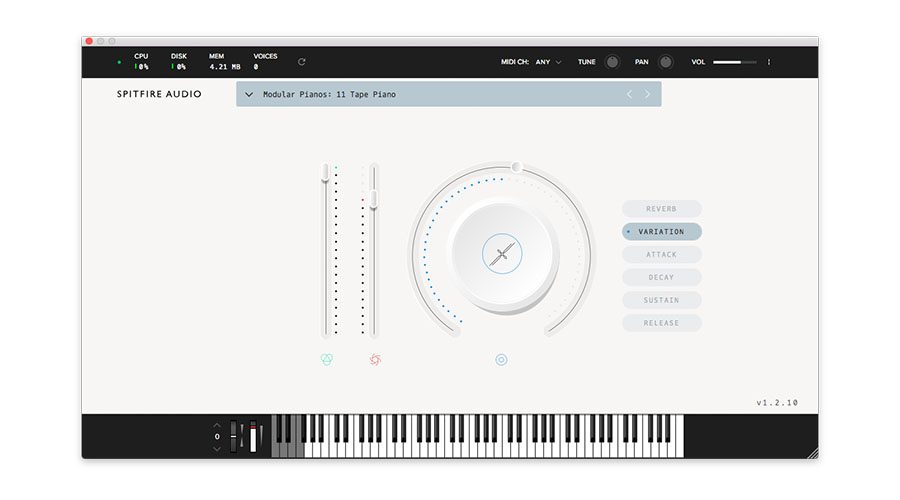 A screenshot of Spitfire Audio's LABS instrument interface. It displays options for CPU, Disk, MEM, and Voices at the top. Central controls include vertical sliders, circular dials, and buttons for Reverb, Attack, Decay, Sustain, Release, and Variation. Below is a keyboard.