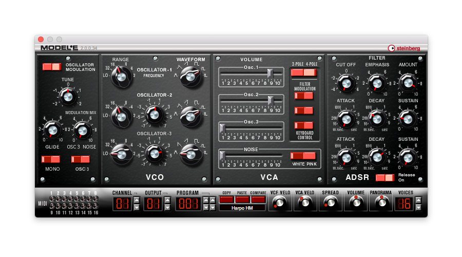 A detailed image of the Model-E, a virtual analog synthesizer interface by Steinberg. The interface includes various controls such as oscillators, filters, volume sliders, envelopes, and modulation options, with labels and numerical indicators.