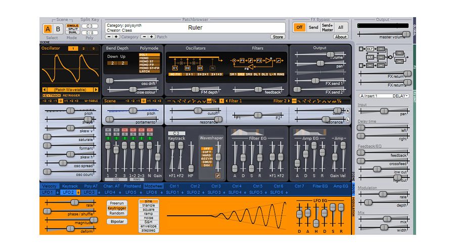 Audio Surge UI featuring numerous sliders, buttons, and oscillators. The screen displays various sound modulation options including pitch, waveform, filters, and wave shapers. Orange and gray color schemes highlight different sections of the interface.