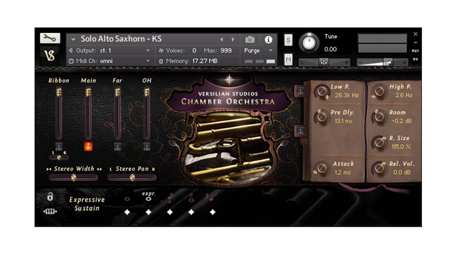 A screenshot of the Versilian Studios Chamber Orchestra UI displaying controls for a solo alto saxhorn. It features knobs for adjusting ribbon, main, far, and OH microphones, as well as settings for stereo width, stereo pan, and tuning options.