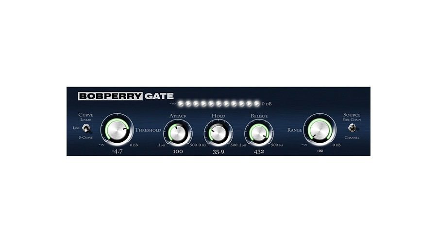 The interface of the Bob Perry Gate plugin displays various controls such as Curve, Threshold, Attack, Hold, Release, and Range. Each control is accompanied by dials for precise adjustments and corresponding values. Additionally, an LED level meter is positioned at the top to provide visual feedback on the signal levels.