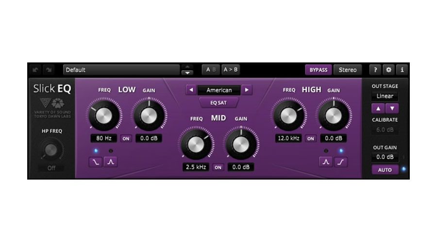 Displayed is the graphical user interface of a "Slick EQ" equalizer plugin. It includes controls for low, mid, and high frequencies with dials labeled for gain. Notably, the EQ Sat is set to "American," and the interface sports a purple background. Positioned at the top right are bypass and stereo buttons.