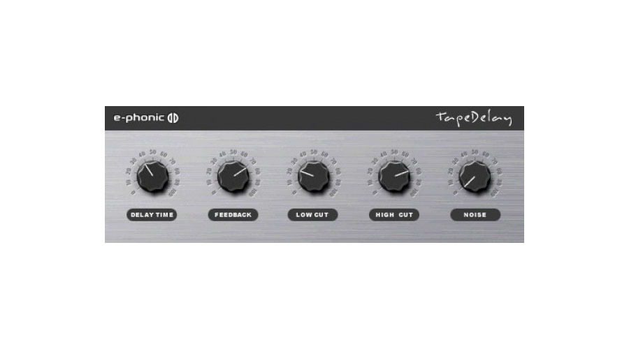 The control panel of an e-phonic tape delay effect unit features five black knobs labeled from left to right: Delay Time, Feedback, Low Cut, High Cut, and Noise. With a brushed metal finish, this panel also displays the brand name "e-phonic" in the top left corner.