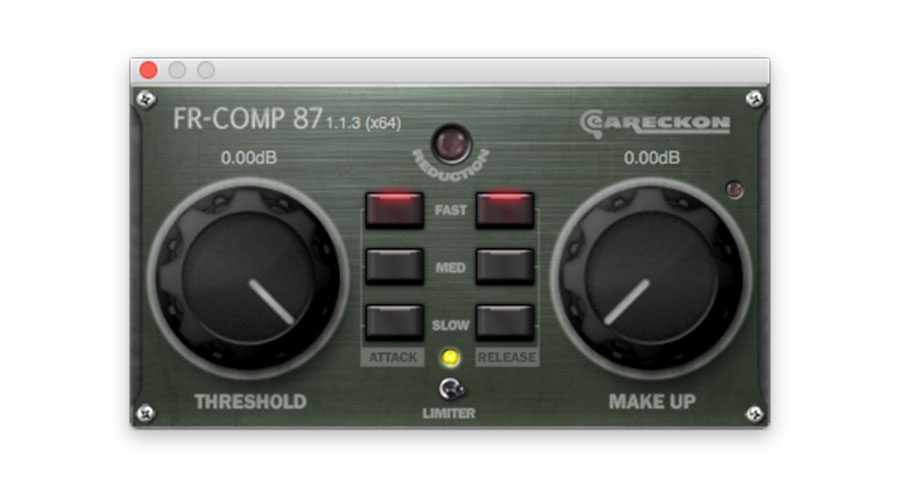 In the digital interface of the audio compressor plugin named "FR-COMP 87," two large knobs are prominently featured for adjusting Threshold and Make Up gain. To control attack and release times, buttons labeled Fast, Med, and Slow provide options. The entire interface boasts a metallic green finish, giving it a sleek and modern appearance.