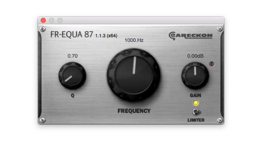 A graphical interface of an audio equalizer plugin displays three main knobs labeled Q, Frequency, and Gain. The plugin name, "FR-EQUA 87," is shown at the top left corner, with the brand name "Careckon" positioned at the top right.