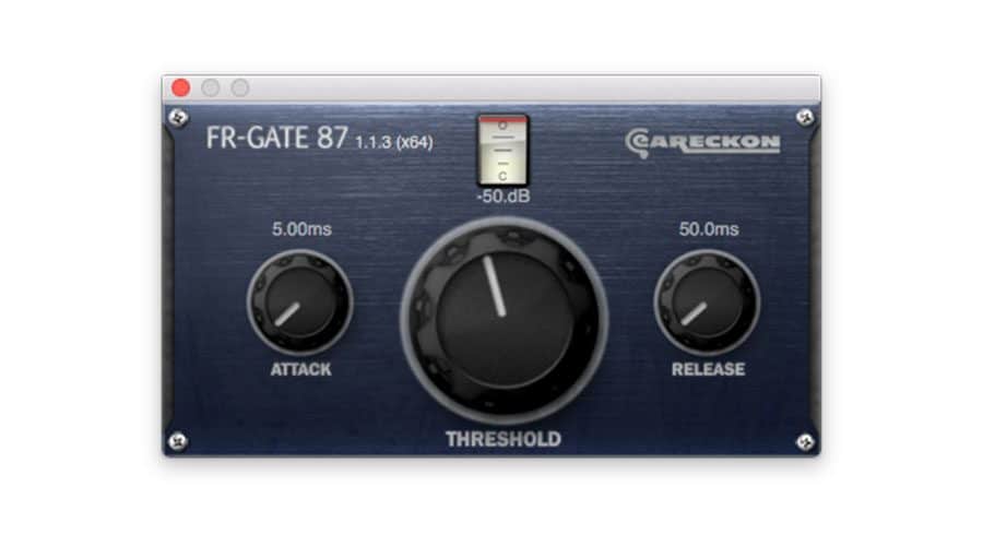 Displayed is a digital interface for a plugin named "FR-GATE 87" by Careckon. It features a central knob labeled "Threshold," flanked by two smaller knobs labeled "Attack" (left) and "Release" (right). The interface has a metallic finish and a minimalistic design.