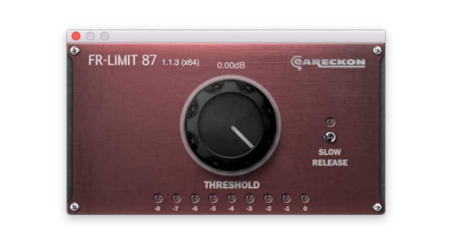 The digital audio plugin interface named FR-Limit 87 (version 1.1.3, x64) from Careckon features a central knob labeled 'Threshold' with values ranging from -8 to 0 dB. A "Slow Release" button is situated on the right side of the interface, while the display on the top right shows a reading of 0.00 dB.
