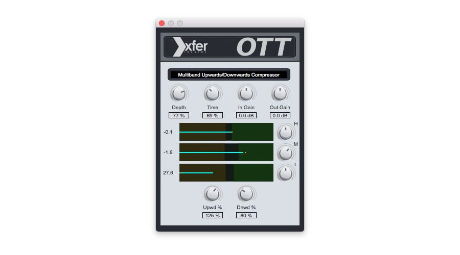 Displayed in the screenshot of the Xfer OTT plugin interface are several main controls, including Depth, Time, In Gain, Out Gain, and settings for Upwd and Dnwd. Additionally highlighted are three frequency bands (H, M, L), each accompanied by corresponding sliders for precise adjustment.