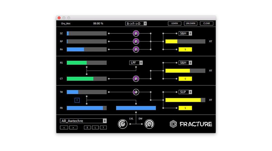 The Fracture plugin interface features a variety of sliders, knobs, and switches with labels such as SZ, RP, FS, CT, TM, and FB. The top bar is equipped with a "Dry/Wet" slider along with controls for load, save, clone, clear, and several other functions.