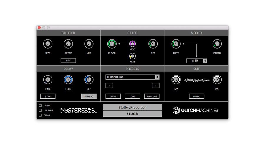 The software interface of an audio effect plugin named Hysteresis by Glitchmachines showcases controls for stutter, filter, modulation effects, and delay. Various knobs and sliders are available to fine-tune these settings. The displayed preset is "LBendTime," featuring a stutter proportion of 71.30%.