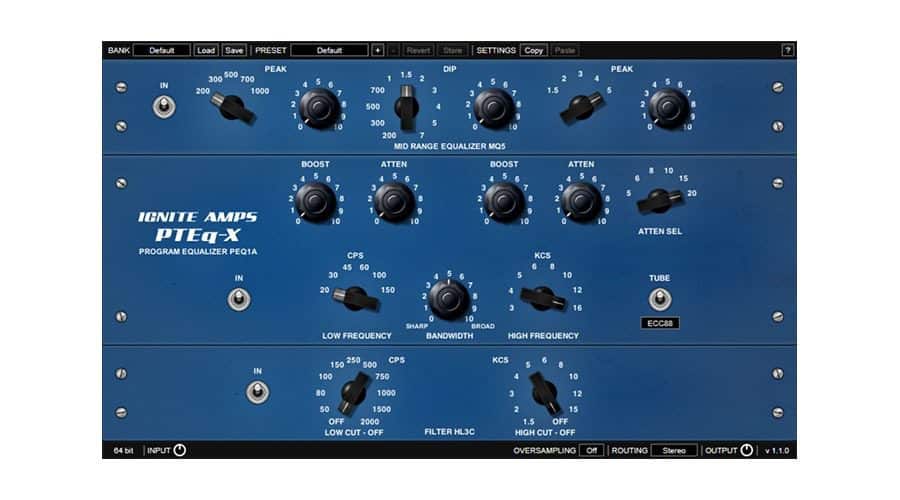 Presenting a screenshot of the Ignite Amps PTEq-X audio plugin interface, this image showcases three distinct sections brimming with various controls, knobs, and switches designed for tweaking peak, mid, low, and high frequencies in addition to EQ settings. The interface sports a primarily blue color scheme complemented by white text.