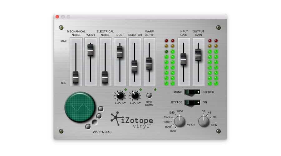 The digital audio plugin interface named "iZotope Vinyl" displays a variety of sliders for adjusting mechanical noise, electrical noise, wear, dust, scratch, warp depth, and gain. Knobs are available for tweaking the warp model and amount as well as for controlling spin down. Additionally, buttons allow users to toggle between bypass and stereo/mono modes.