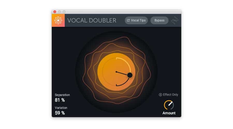 The screen features a circular graphic with concentric rings and a cursor arc in the center. Controls on the interface include "Separation" set at 81%, "Variation" at 59%, an option for "Effect Only," and an "Amount" knob. This design likely aims to offer intuitive adjustments for achieving desired vocal doubling effects.