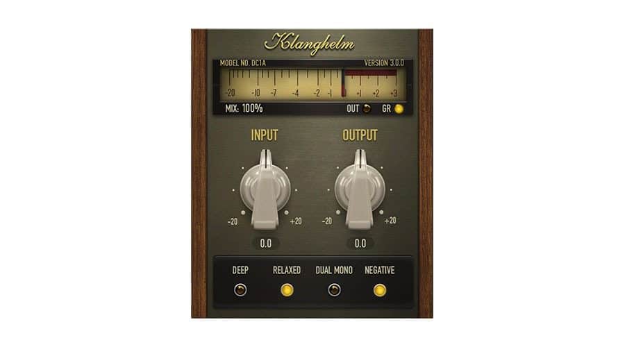 The audio plugin interface labeled 'Klanghelm' showcases two rotary knobs labeled 'Input' and 'Output', each marked at 0.0. Positioned above these knobs is a meter display with a needle and text that indicates version 3.0. Below the knobs are buttons labeled 'Deep,' 'Relaxed,' 'Dual Mono,' and 'Negative.'