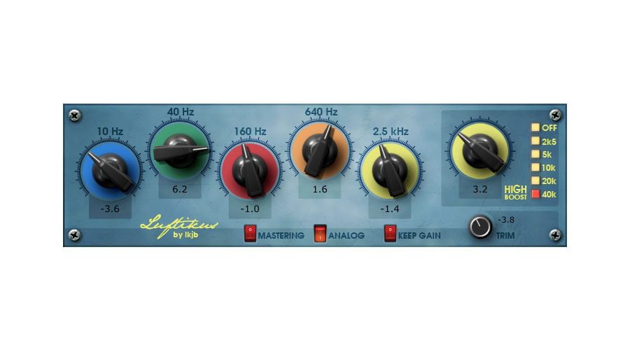 Presented is an audio equalizer interface featuring six colorful knobs, each clearly labeled by specific frequencies: 10 Hz, 40 Hz, 160 Hz, 640 Hz, 2.5 kHz, and 10 kHz. The interface includes additional control options such as switches with labels 'OFF,' '2.5,' '5k,' '10k,' '20k,' and '40k.' There are also buttons available for settings like 'MASTERING,' 'ANALOG,' and 'KEEP GAIN.'