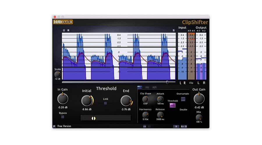 A screenshot of LVC-Audio's ClipShifter, an audio plugin interface for waveform clipping and distortion. Featuring graphs showing input and output waveforms, control knobs for settings like gain and threshold, and various buttons for additional effects and adjustments.