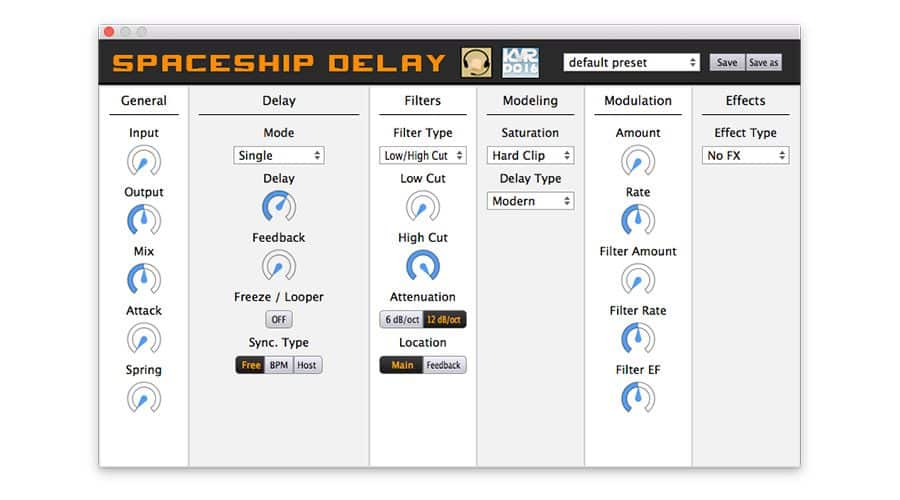 A software interface for the "Spaceship Delay" audio plugin is displayed, featuring controls for general settings, delay, filters, modulation, and effects. Knobs, dropdown menus, and buttons allow adjustments for parameters like input, output, feedback, and filter types.