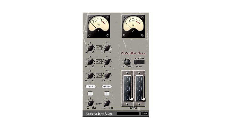 A screenshot of Shattered Glass Audio's Code Red Free. It features two analog-style VU meters at the top, various knobs and switches for audio settings in the middle, and two vertical sliders for input and output levels at the bottom presents a vintage look combined with modern functionality.