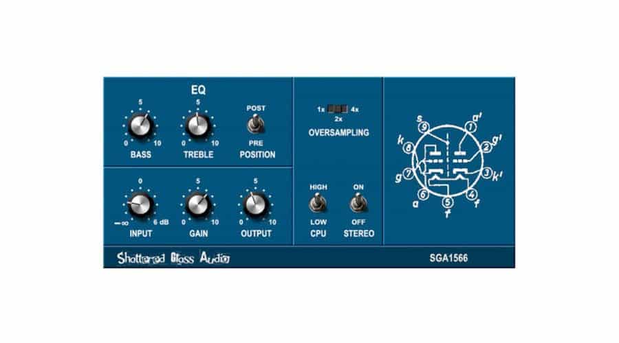 The blue user interface of the Shattered Glass Audio SGA1566 plugin features EQ controls for bass and treble, input and output gain knobs, oversampling options, and a CPU load toggle. The design includes vintage-style knobs and a schematic diagram on the right side.