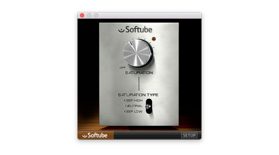 The screenshot illustrates a software plugin from Softube with a prominent knob labeled "SATURATION" at the center. Below the knob, a small toggle switch allows users to choose between three saturation types: "KEEP HIGH," "NEUTRAL," and "KEEP LOW." The setup button is distinctly visible at the bottom of the interface.