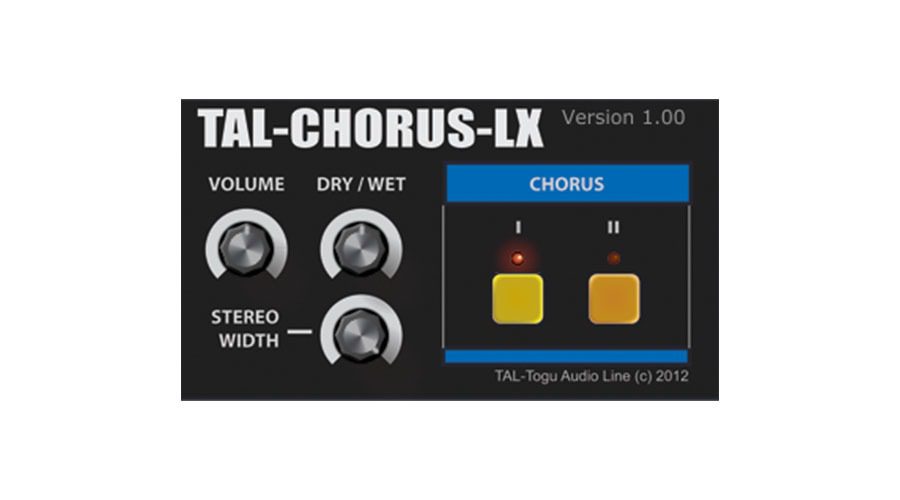 The TAL-CHORUS-LX audio plugin interface, version 1.00, includes knobs for Volume, Dry/Wet, and Stereo Width. It also has two yellow buttons labeled "I" and "II" for selecting different chorus modes. Predominantly black with blue and gold accents defines the overall aesthetic of the interface.