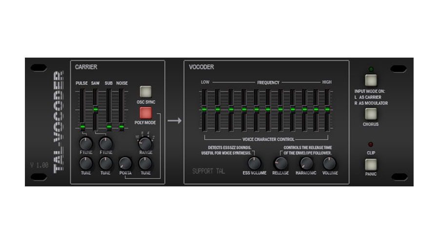 A digital illustration of a TAL-Vocoder interface displays controls for both the carrier and vocoder sections, featuring waveforms such as pulse, saw, sub. Visible modulator sliders adjust frequency and voice character, alongside other controls that manage oscillator sync, poly mode, input mode, and effects.