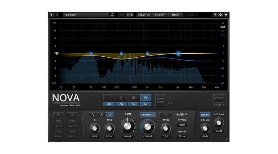 The screenshot of TDR Nova, a dynamic equalizer plugin, reveals an interface that showcases a frequency spectrum with adjustable bands. Prominent controls include frequency, gain, bandwidth, threshold, ratio, and attack. The upper section highlights the EQ curve visually while the lower section is dedicated to various parameter knobs for precise adjustments.