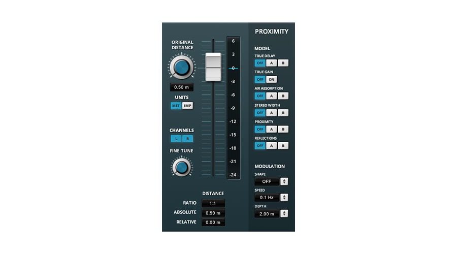 The audio plugin interface offers controls for adjusting proximity effects, featuring sliders for original distance and fine-tuning. It also includes buttons for units, channels, model selection, absorption, proximity, reflections, and modulation parameters.