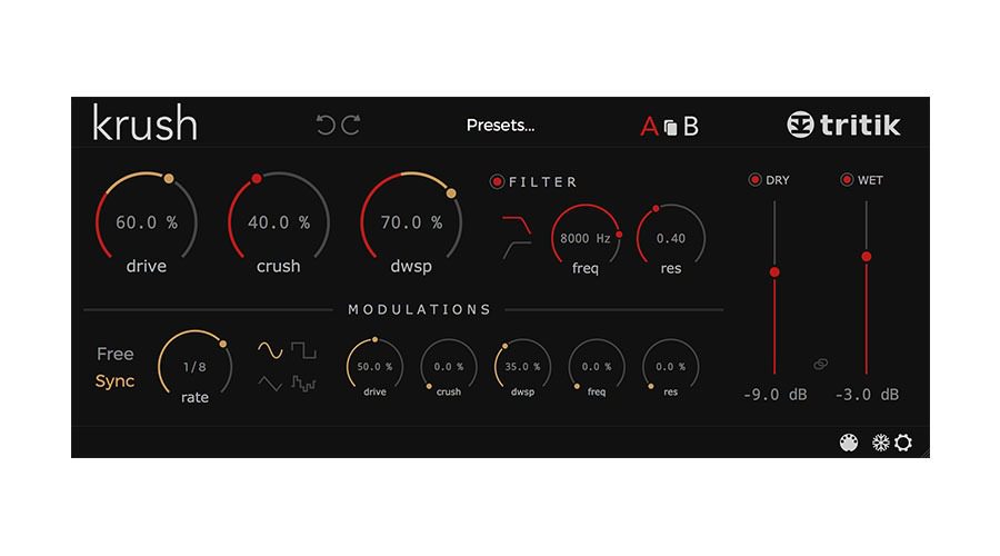 A screenshot of the Krush audio plugin interface by Tritik showcases various controls including drive, crush, and dwsp knobs, modulation settings, filter adjustments for frequency and resonance, dry/wet sliders, and syncing options. The design is sleek with a dark background.