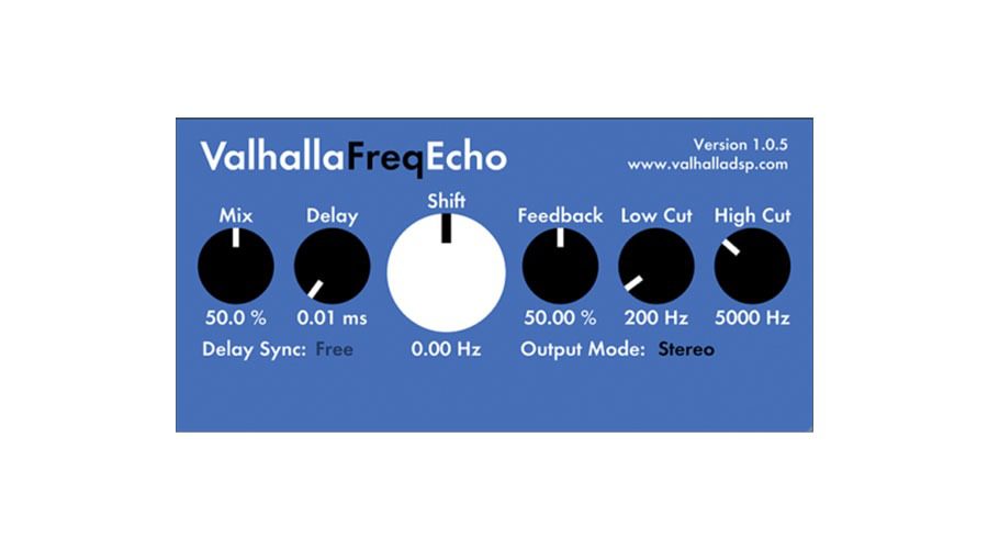 A blue digital interface labeled "ValhallaFreqEcho" features six black and white circular knobs. The knobs are labeled Mix, Delay, Shift, Feedback, Low Cut, and High Cut. Text indicates Version 1.0.5 and the website www.valhalladsp.com.