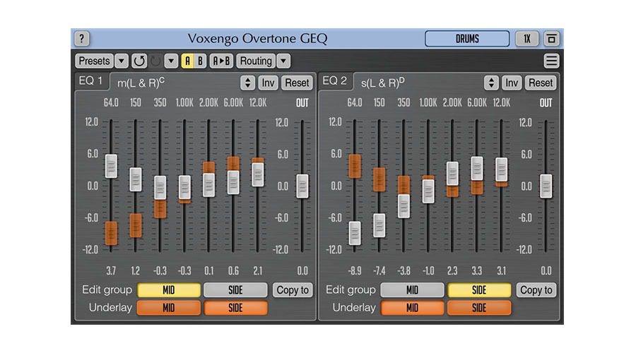 The Voxengo Overtone GEQ audio plugin interface showcases two equalizer panels labeled EQ 1 and EQ 2, each equipped with sliders for different frequency bands. The top section of the interface includes options for mode selection, preset saving, and routing. Editing controls are positioned at the bottom, providing users with extensive customization capabilities for their audio projects.