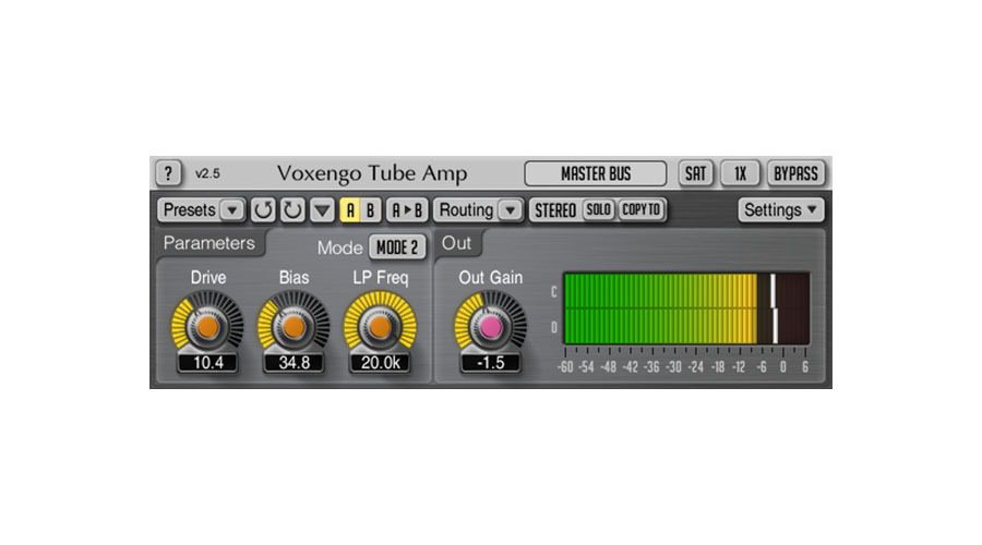 Displayed is the user interface of the Voxengo Tube Amp audio plugin, version 2.5. It features knobs for adjusting Drive, Bias, and Low Pass Frequency settings. Additional controls include an output gain slider, meters that show audio levels, and buttons dedicated to presets, mode selection, and routing options.