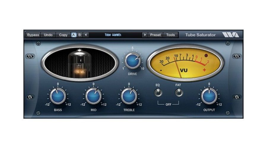 The digital audio plugin interface named 'Tube Saturator' showcases various controls. It features a virtual tube visual along with a drive knob, bass, mid, treble, and output knobs. A VU meter is also incorporated into the design. The top portion presents additional buttons for bypass, undo, copy, A/B settings, and presets.