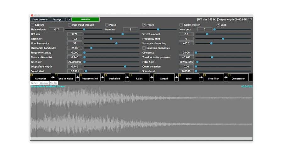 A software interface displaying various audio editing tools and settings. Sliders control parameters like main volume, FFT size, smooth amount, harmonic rate, and frequency shift. At the bottom, a waveform preview is displayed with additional options on the right.