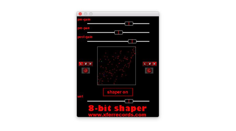 A screenshot features the interface of a music plugin named "8-bit Shaper" developed by xferrecords.com. The design includes sliders for controlling pre-gain, pre-pan, and post-gain, as well as graphical representations of knob controls. At the center of the interface, animated red dots add a dynamic visual element. The phrase "shaper on" is prominently displayed within the user interface.