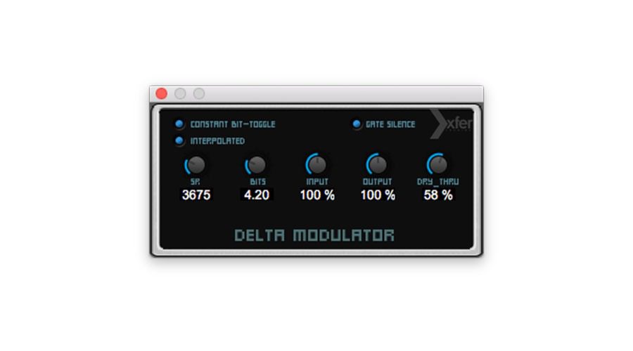 In a digital interface titled "Delta Modulator," several labeled dials and toggles are prominently displayed. These controls include SR, Bits, Input, Output, and Dry/Thru, each with numerical values shown below them. Positioned on the left side are two checkboxes labeled "Constant Bit-Toggle" and "Gate Silence.