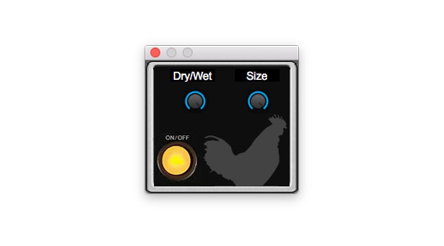 Displayed is a digital interface plugin screen featuring two control knobs labeled "Dry/Wet" and "Size." A large yellow button labeled "On/Off" is prominently placed at the bottom left. Additionally, the design includes a silhouette of a rooster, contributing to the minimalist audio effect tool aesthetic.