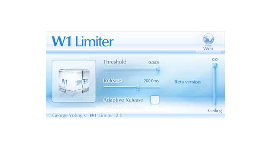 A screenshot depicts the W1 Limiter audio plugin interface. The interface features controls for Threshold and Release, alongside a checkbox for Adaptive Release. Additionally, a slider is present for adjusting the ceiling level. This particular version of the plugin is currently in beta.