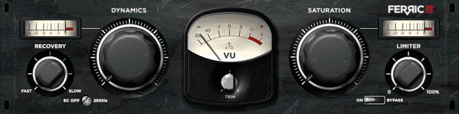 The audio plugin interface features knobs for Recovery, Dynamics, Saturation, and Limiter. A central VU meter is designed to display audio levels accurately. Offering RC Off and 3DHR options, the Recovery knob provides enhanced control over audio effects. The Limiter knob is unique with its horizontal slider that ranges from 0% to 100%. Prominently displayed is the FERRIC branding, lending a recognizable touch to the overall design.