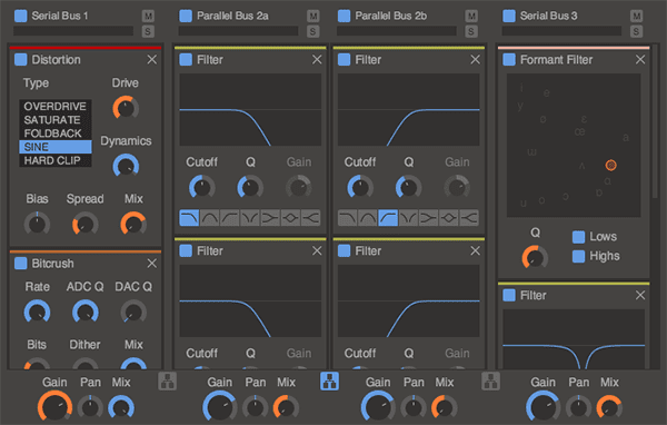 A screenshot of an audio software interface showcases a complex setup incorporating various audio effects such as Distortion, Filter, Formant Filter, and Bitcrush. Each effect features adjustable parameters including Drive, Cutoff, Q, Gain, Pan, and Mix.