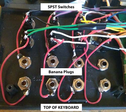 Displayed is the inside of a keyboard, highlighting electronic components. Three SPST switches and five banana plugs are connected via various colored wires, each clearly labeled with its respective name.
