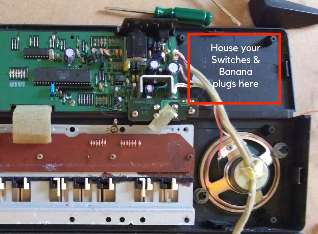 The internal components of an open electronic device are visible, showcasing circuit boards, wires, and a speaker. A label inside reads, "House your Switches & Banana plugs here" in a red box. In the background, a screwdriver can be seen.